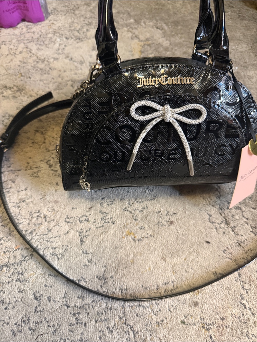 Juicy Couture Black Patent Satchel with Silver Bow Accent - Picture 2 of 6
